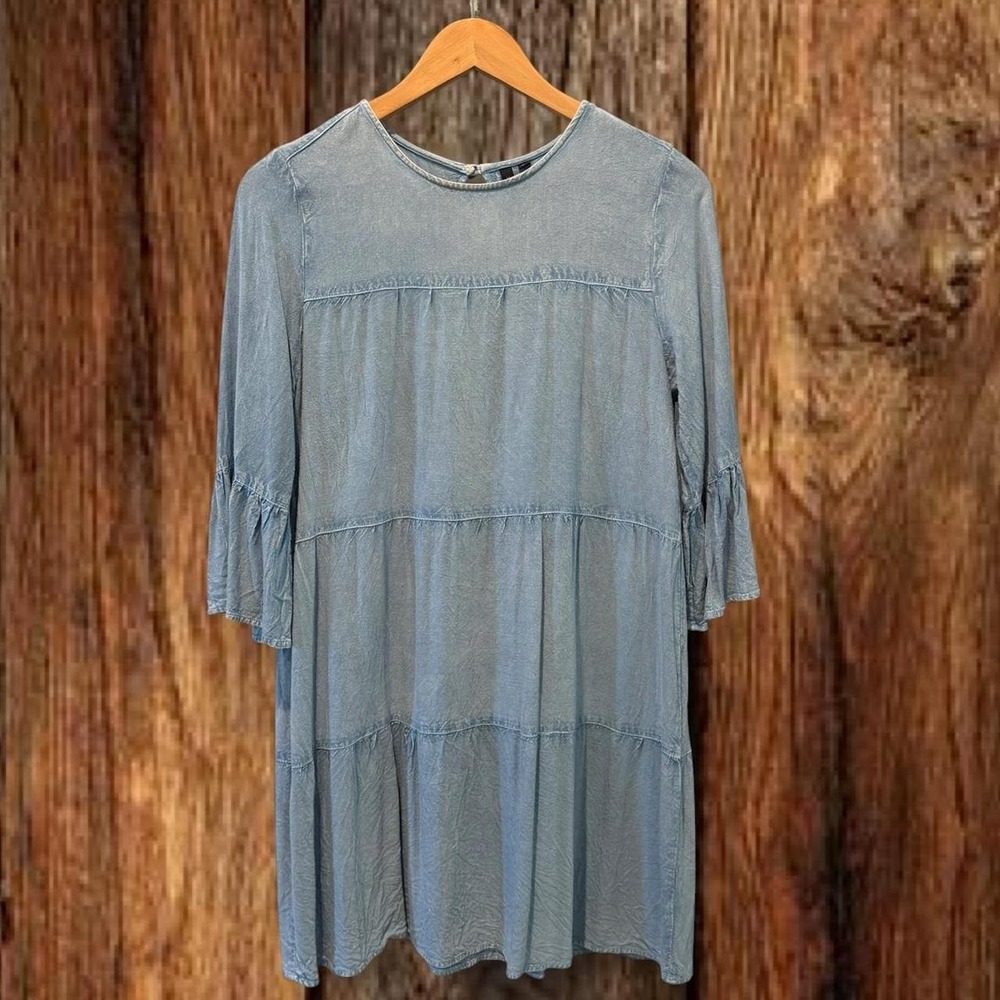 Drkae Blue Acid Wash Tiered Babydoll Dress Bell Sleeve Boho S